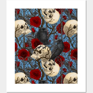 Raven's secret. Dark and moody gothic illustration with human skulls and roses Posters and Art